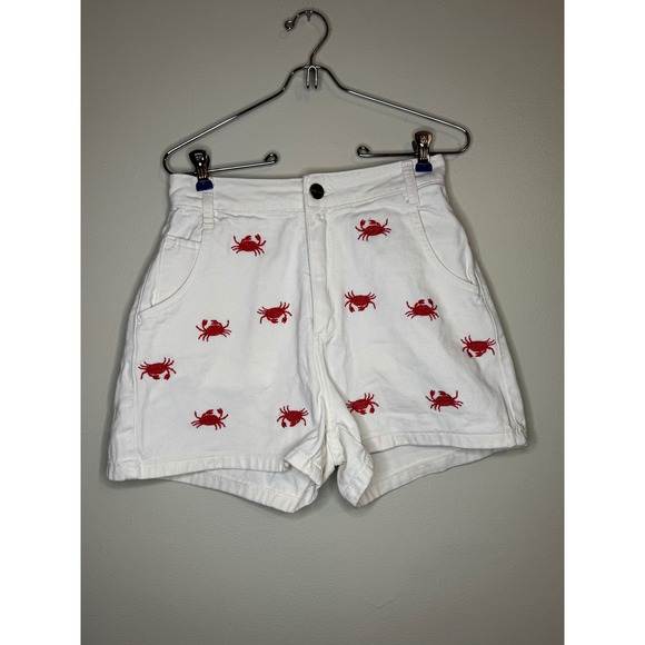 Shoulder Pants - Shoulder White‎ Crab Embroidered Denim Shorts High Rise Size 38